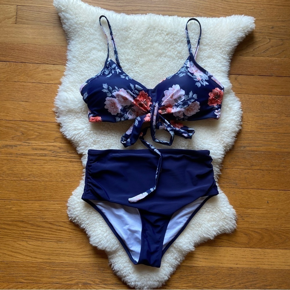 Navy and Floral Print High Waisted Bikini NWOT